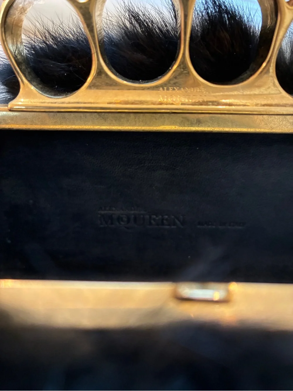 Alexander McQueen Black Fur Knuckle-Embellished Clutch with Gold Hardware